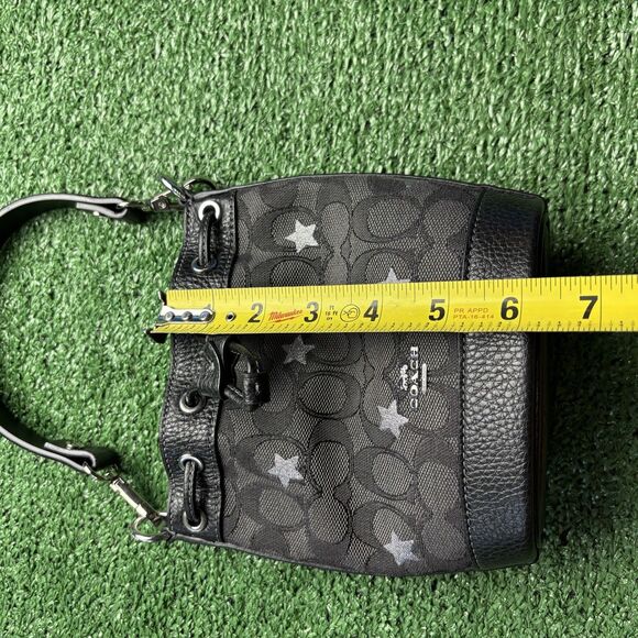 Coach Dempsey Drawstring Bucket Mini Bag SigJacquard Star Embroidery SMOKE BLACK - Picture 7 of 9